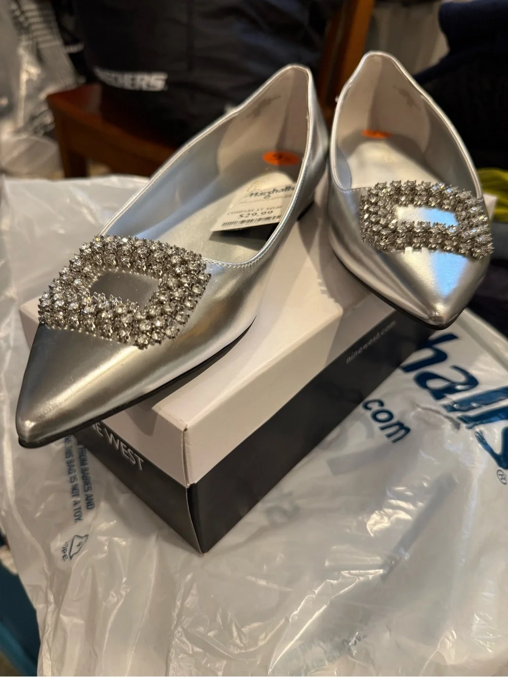 New Nine West Silver Pointed Toe Flats with Rhinestone Buckle